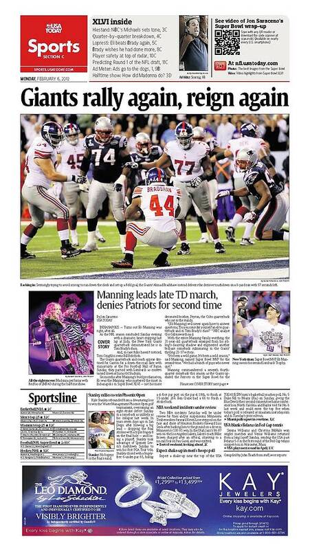 Usa Today Art Print featuring the digital art 2012 Giants vs. Patriots USA TODAY SPORTS SECTION FRONT by Gannett