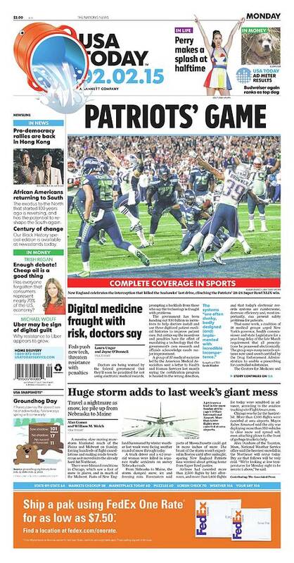 Usa Today Art Print featuring the digital art 2015 Patriots vs. Seahawks USA TODAY COVER by Gannett