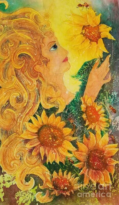 Sunflowers Art Print featuring the painting Golden Garden Goddess by Carol Losinski Naylor
