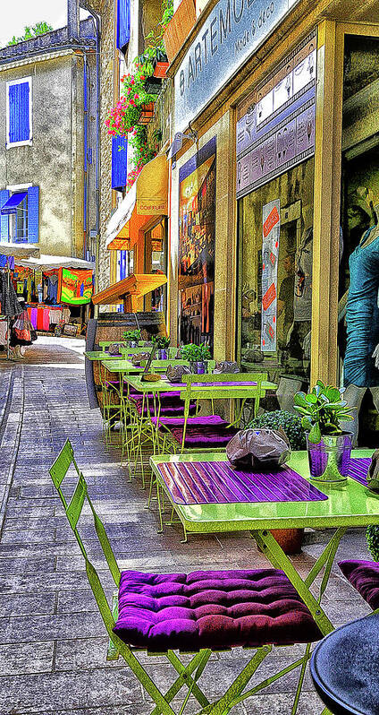Cafe Art Print featuring the photograph Green and Purple Sidewalk Cafe #2 by Steve Templeton