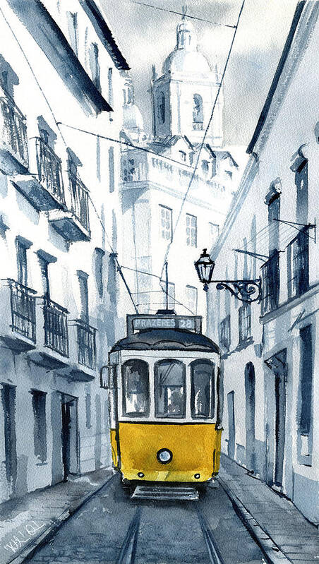 Tram Art Print featuring the painting Lisbon 28 Yellow Tram in Alfama by Dora Hathazi Mendes