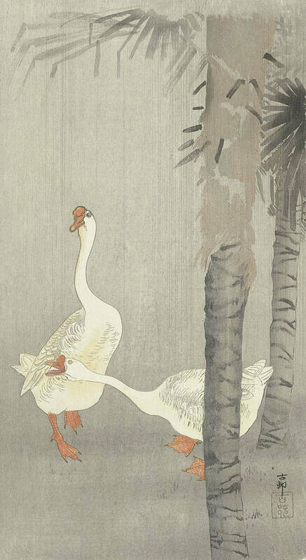 Ohara Koson Art Print featuring the painting Tamme ganzen in regen by Ohara Koson