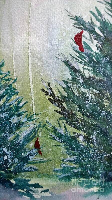 Winter Themed Cards Art Print featuring the painting Winter Cardinals by Eunice Miller