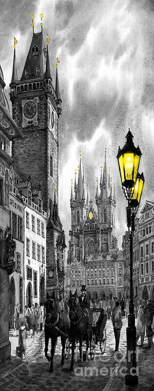 Geelee.watercolour Paper Art Print featuring the painting BW Prague Old Town Squere by Yuriy Shevchuk