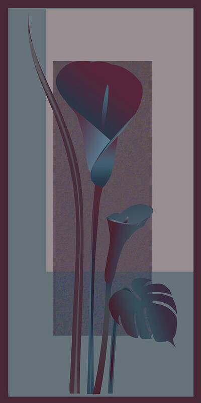 Contemporary Flower Painting And Print With Lilies In Burgundy And Blue. Symmetrical Flower Scene Art Print featuring the painting Contemporary lilys in burgondy and blue 1 by Regina Femrite