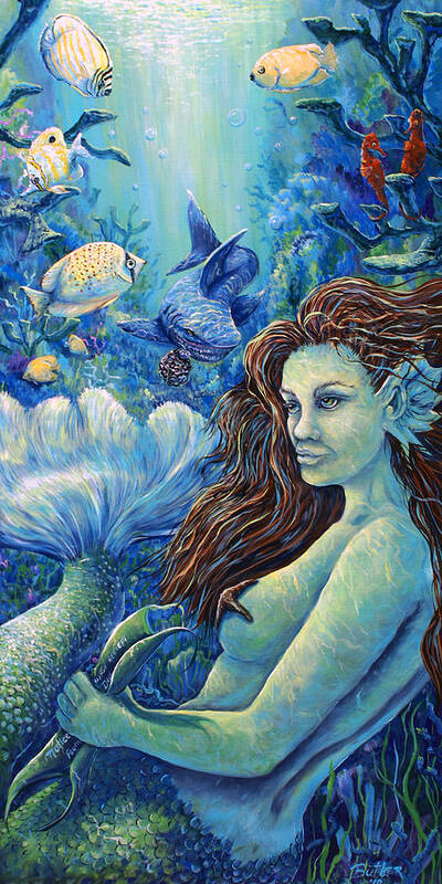 Mermaid Art Print featuring the painting Fishy Business by Gail Butler