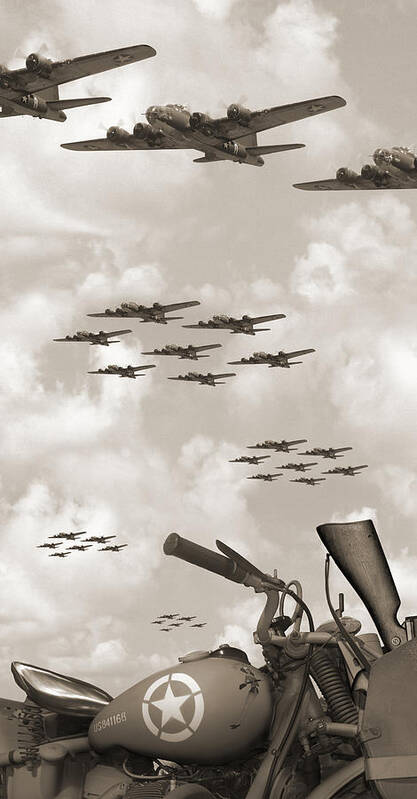 Ww2 Art Print featuring the photograph Indian 841 And The B-17 Panoramic Sepia by Mike McGlothlen