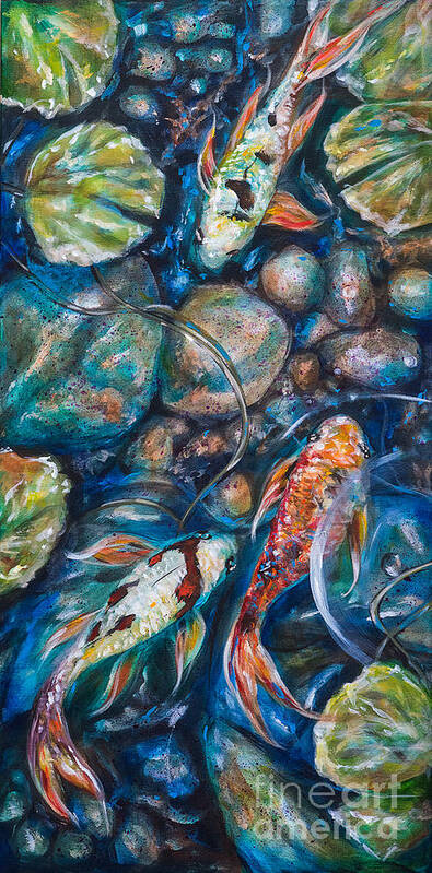 Koi Art Print featuring the painting Koi and Rocks by Linda Olsen