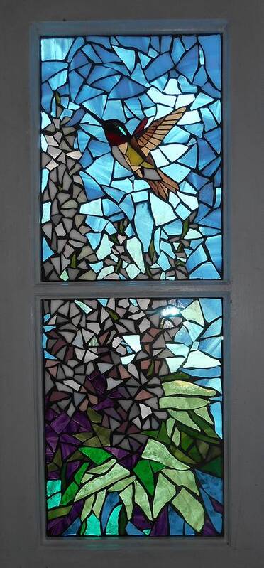 Hummingbird Art Print featuring the glass art Mosaic Stained Glass - Ruby-throated Hummingbird by Catherine Van Der Woerd