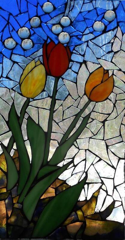 Tulips Art Print featuring the glass art Mosaic Stained Glass - Spring Shower by Catherine Van Der Woerd