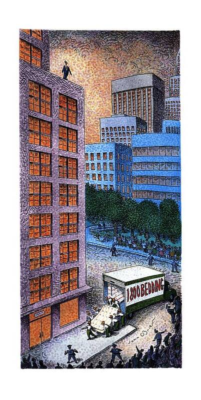 No Caption
Two Column Color Cartoon Of Man Standing On The Ledge Of A High-rise Building Getting Ready To Jump Off And Commit Suicide. On The Street Below Art Print featuring the drawing New Yorker November 13th, 1995 by John O'Brien