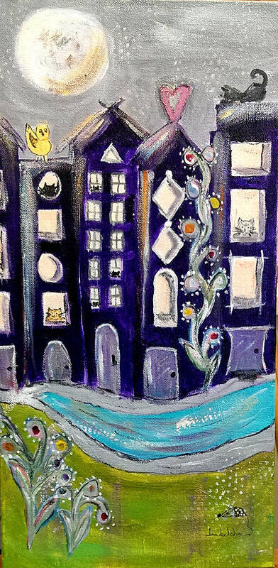 Cat Art Art Print featuring the painting Night KittyScape by Lou Belcher