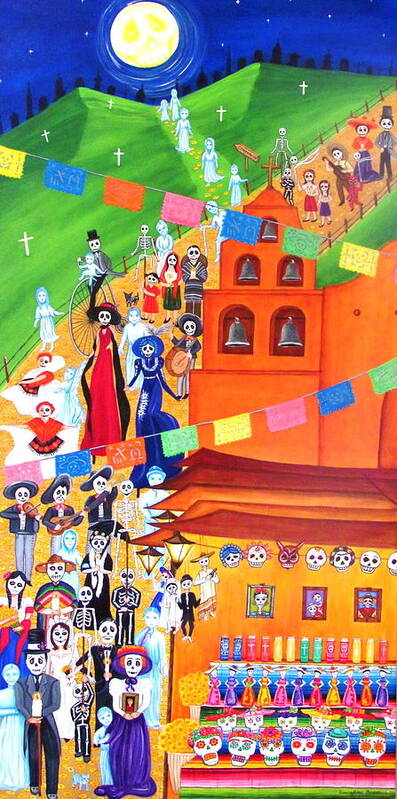 Procession Dia De Los Muertos Art Print featuring the painting Procession by Evangelina Portillo