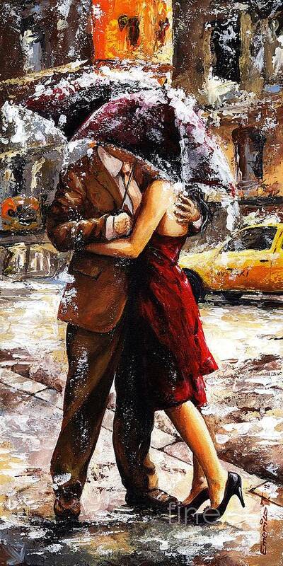 Amorous Art Print featuring the painting Rainy day - Love in the rain 2 by Emerico Imre Toth