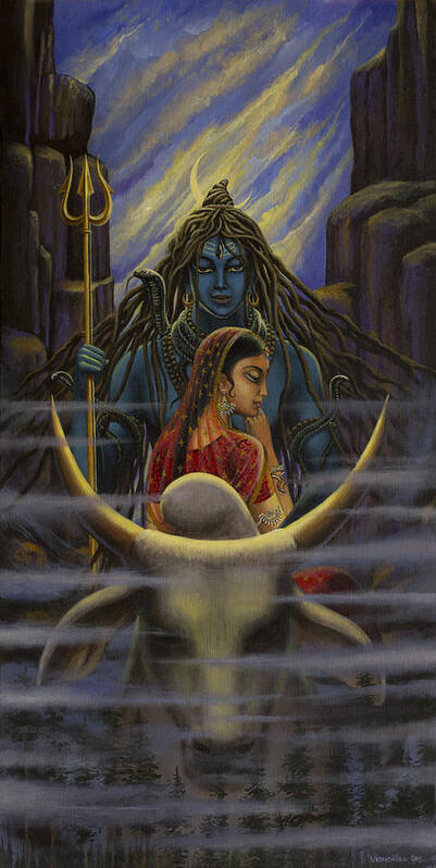 Shiva Art Print featuring the painting Shiva Parvati. Night in Himalayas by Vrindavan Das