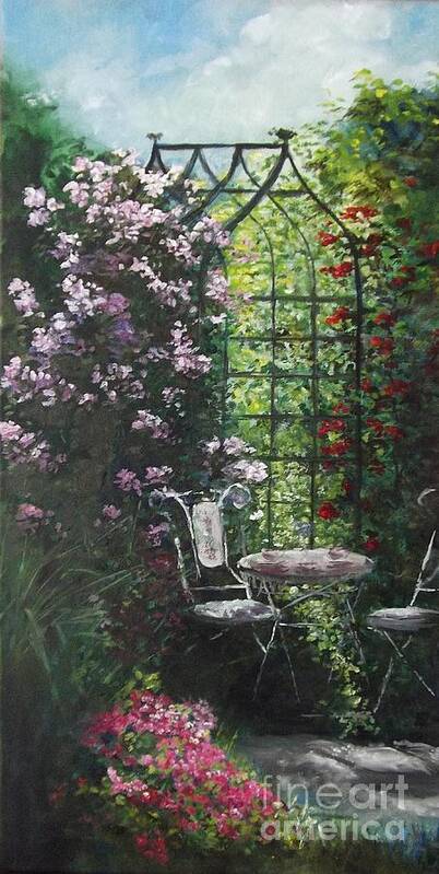 Garden Art Print featuring the painting Tea Under the Rose Arbor by Lizzy Forrester
