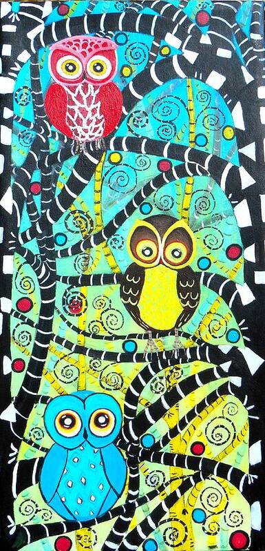 Abstract Art Print featuring the painting Trudys Owls by Shirley Smith