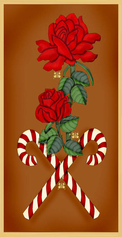 Hand-drawn Digital Roses; Digital Roses; Red Roses; Candy Canes; Anne Norskog Art Print featuring the painting Candy Cane Roses by Anne Norskog