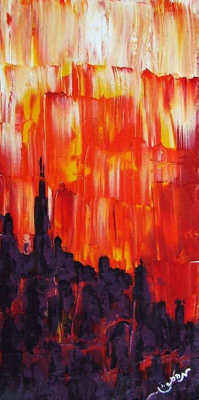 Sunset Art Print featuring the painting Sunset of Melting Waterfall Behind Chicago Skyline or Storm Reflecting Architecture and Buildings by M Zimmerman MendyZ
