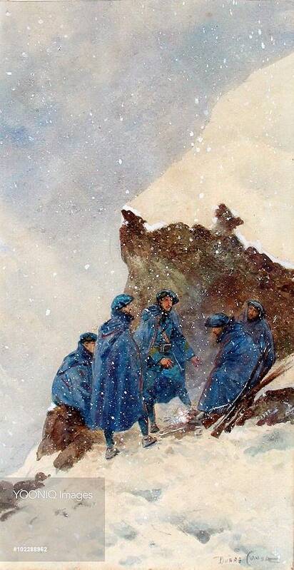 A Group Of First World War Chasseurs Alpins In The Alps Sheltering Behind A Large Rock In A Snowstorm. . Pierre Comba (1859-1934). People Art Print featuring the painting A group of First World War Chasseurs by MotionAge Designs