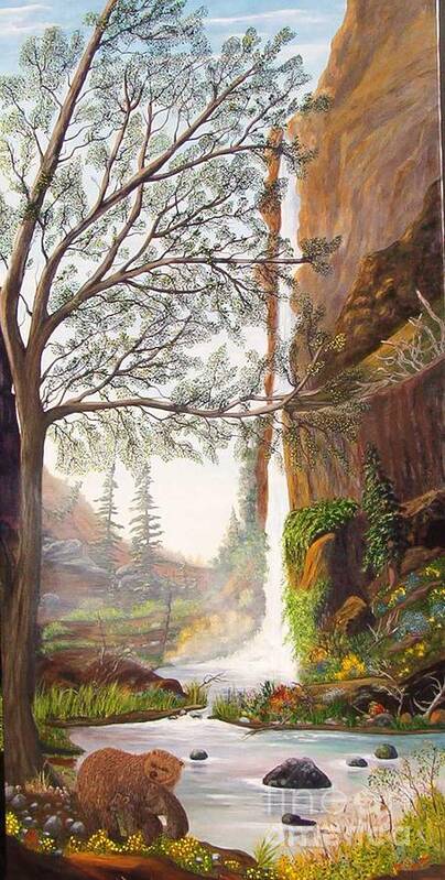 Landscape / Waterfall / Bears/ Wildlife/trees/cliffs/flowers/mist Art Print featuring the painting Bears at Waterfall by Myrna Walsh