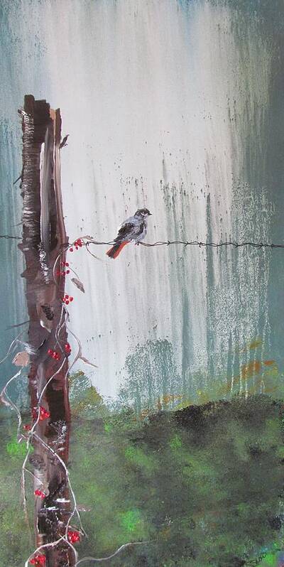 Tree Art Print featuring the painting Bird on a Wire by Susan Voidets