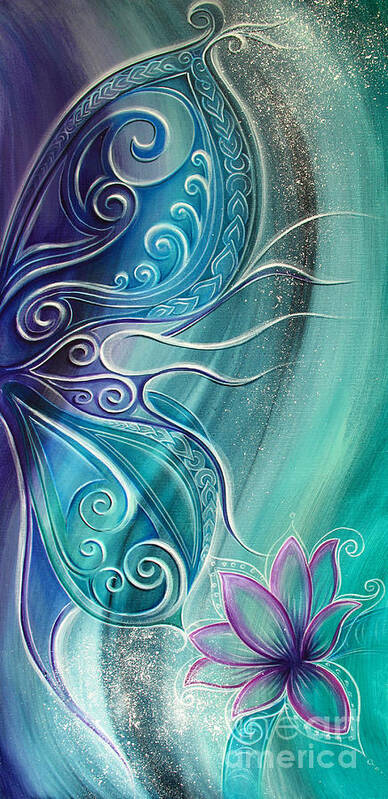 Butterfly Art Print featuring the painting Butterfly Wing with Lotus by Reina Cottier