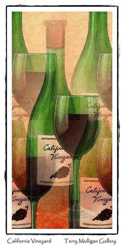 California Art Print featuring the digital art California Vineyard Wine Bottle and Glass by Terry Mulligan