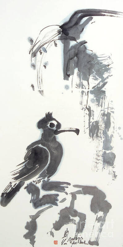 Cormorant Art Print featuring the painting Cormorant On Rock by Nadja Van Ghelue