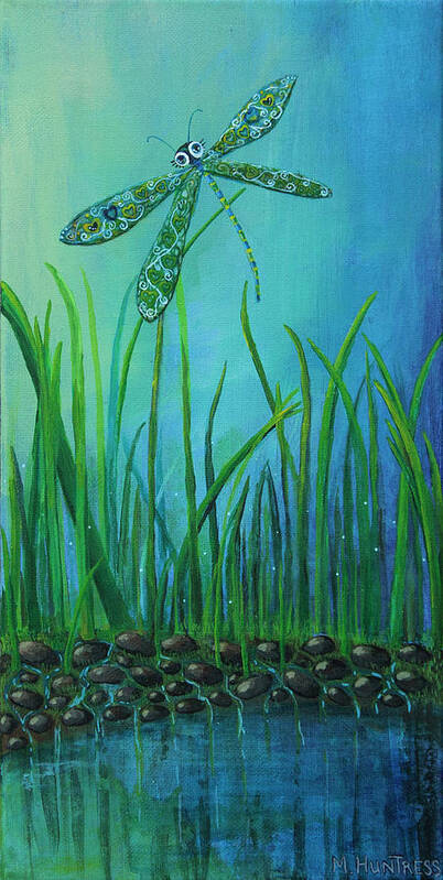 Dragon Fly Art Print featuring the painting Dragonfly at the Bay by Mindy Huntress