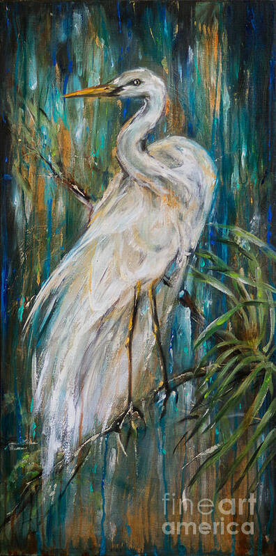 Egret Art Print featuring the painting Egret Near Waterfall by Linda Olsen