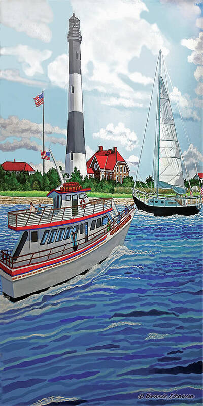 Fire Island Light House Art Print featuring the painting Fire Island Lighthouse and boats in the Great South Bay towel version by Bonnie Siracusa