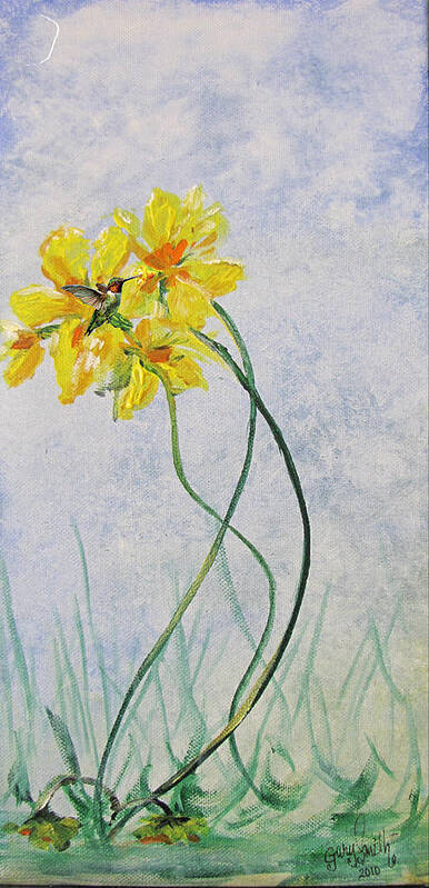 Grass Art Print featuring the painting Hummingbird On Yellow Flower by Gary Smith