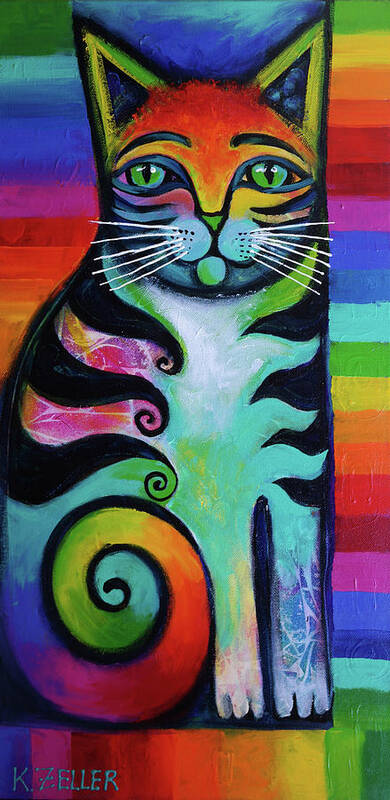 Abstract Cat Feline Kittycat Art Print featuring the painting Rainbow Kitty 2 by Karin Zeller
