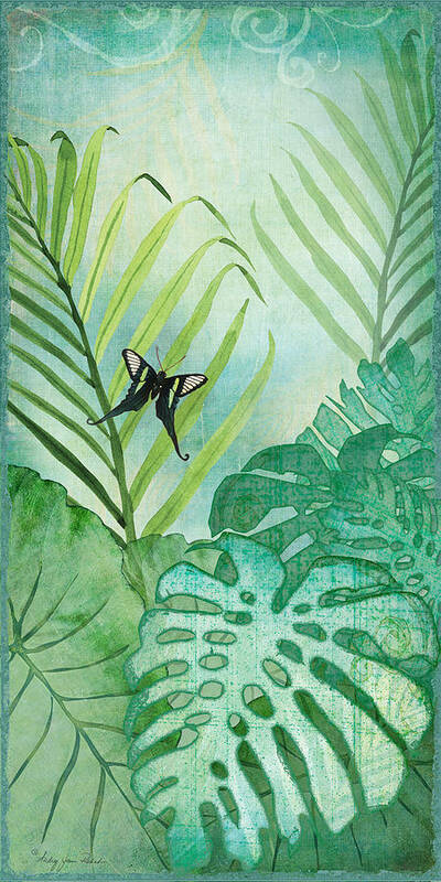 Jungle Art Print featuring the painting Rainforest Tropical - Philodendron Elephant Ear and Palm Leaves w Botanical Butterfly by Audrey Jeanne Roberts