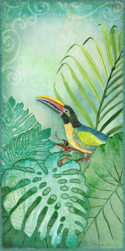 Toucan Art Print featuring the painting Rainforest Tropical - Tropical Toucan w Philodendron Elephant Ear and Palm Leaves by Audrey Jeanne Roberts