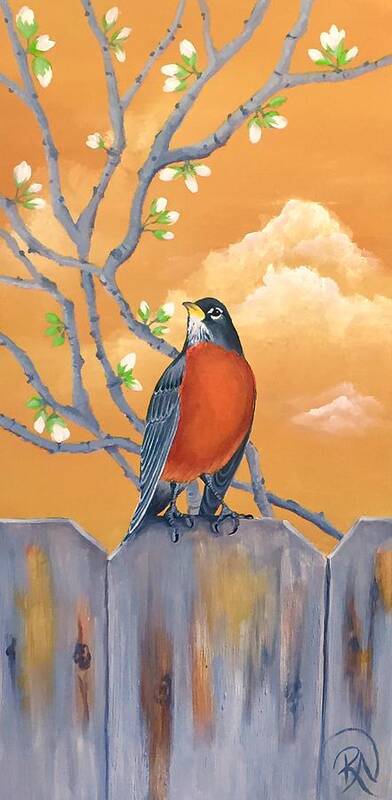 Robin Art Print featuring the painting Robin Perched on Fence #1 by Renee Noel