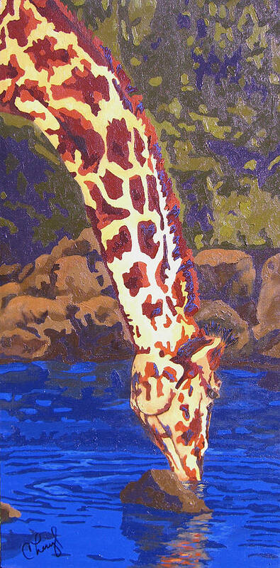 Giraffe Art Print featuring the painting Tall Drink Of Water by Cheryl Bowman