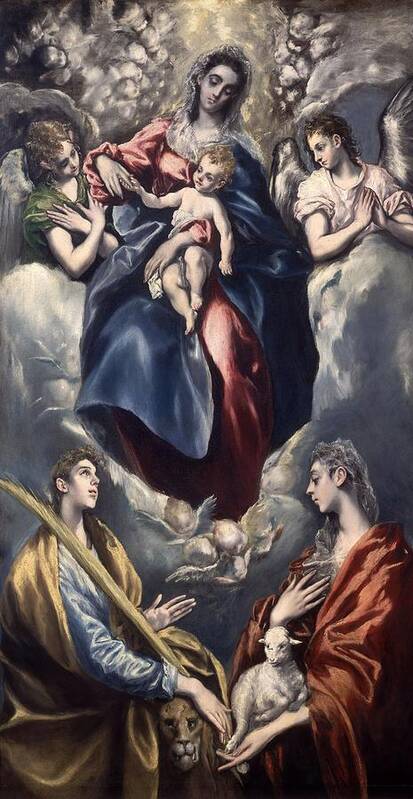 El Greco Art Print featuring the painting El Greco Madonna and Child with Saint Martina and Saint Agnes. Date/Period Between 1597 and 1599. by El Greco -1541-1614-