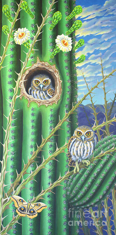 Saguaro Cactus Art Print featuring the painting Elf Owls in the Saguaro cactus by Tish Wynne