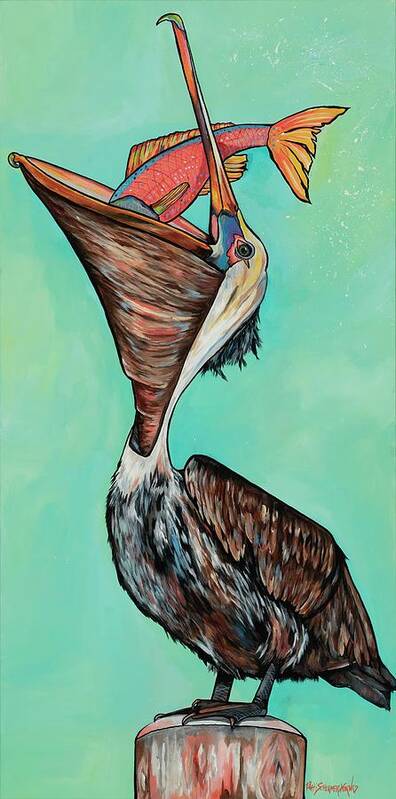 Pelican Art Print featuring the painting Pelican on The Edge by Patti Schermerhorn