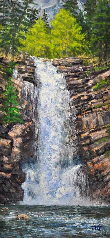 Water Falls Art Print featuring the painting Running Eagle Falls, GNP by Lee Tisch Bialczak