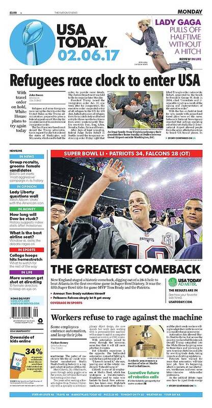 Usa Today Art Print featuring the digital art 2017 Patriots vs. Falcons USA TODAY COVER by Gannett