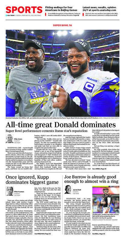 Usa Today Art Print featuring the digital art 2022 Rams vs. Bengals USA TODAY SPORTS SECTION FRONT by Gannett