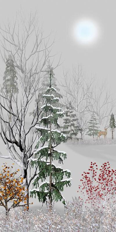Wildlife Art Print featuring the mixed media Deer in the Distance Winter Morning by David Dehner
