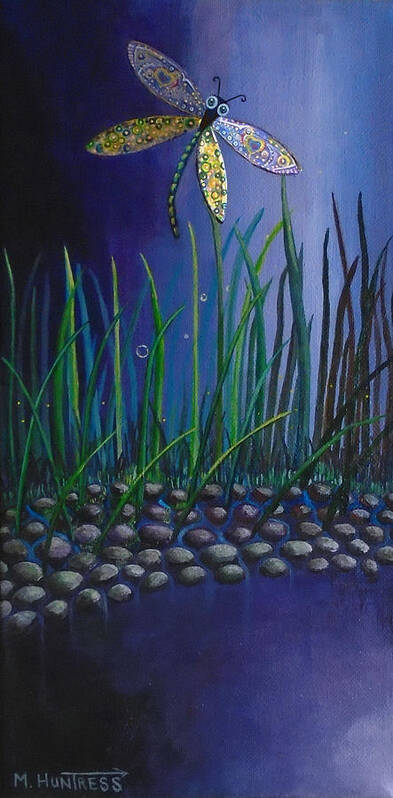 Dragonfly Art Print featuring the painting Dragonfly at the Bay II by Mindy Huntress