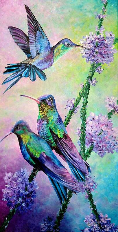Humming Birds Art Print featuring the painting Feathered Jewels by Karin Dawn Kelshall- Best