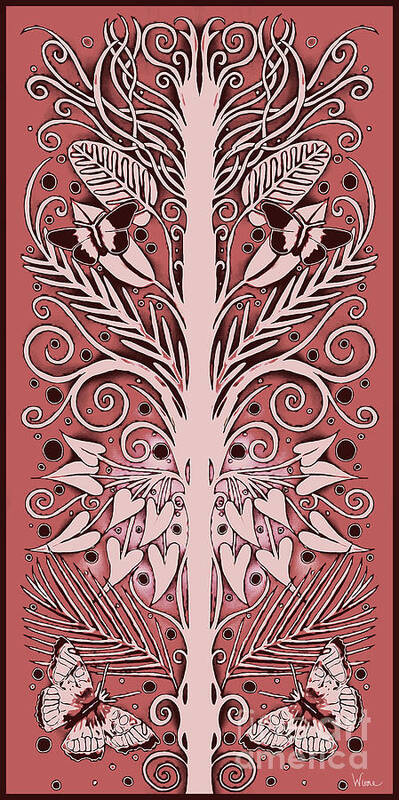 Espalier Tree Art Print featuring the mixed media Inked French Style Espalier Tree with Butterflies in Brick Red by Lise Winne