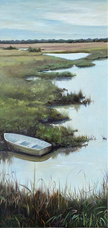 Rowboat Art Print featuring the painting Lonely Rowboat by Judy Rixom