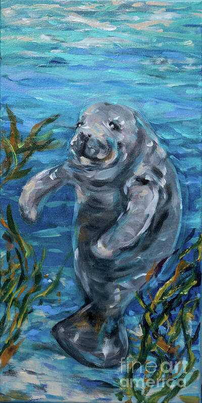 Ocean Art Print featuring the painting Manatee Smile by Linda Olsen